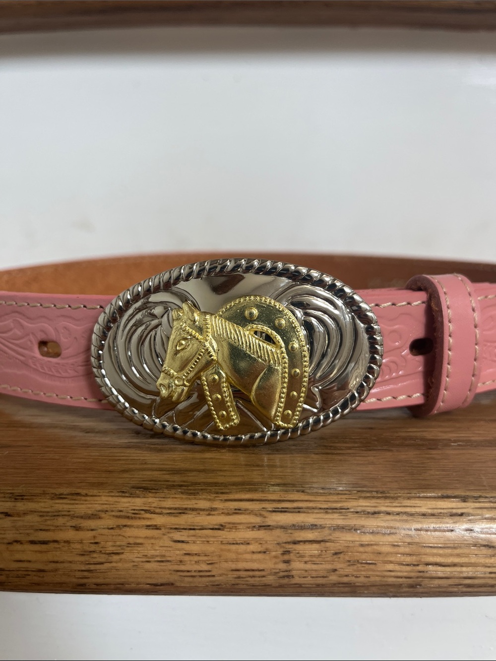 Nocona Pink Kids Western Belt with Gold Horse Buckle